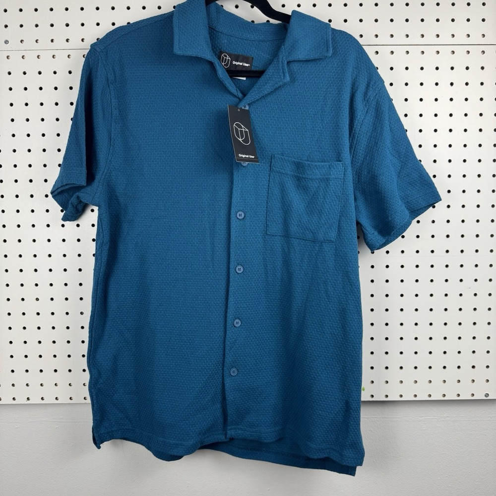 Original Use Textured Camp Shirt Button Up Teal Short Sleeve Pocket M